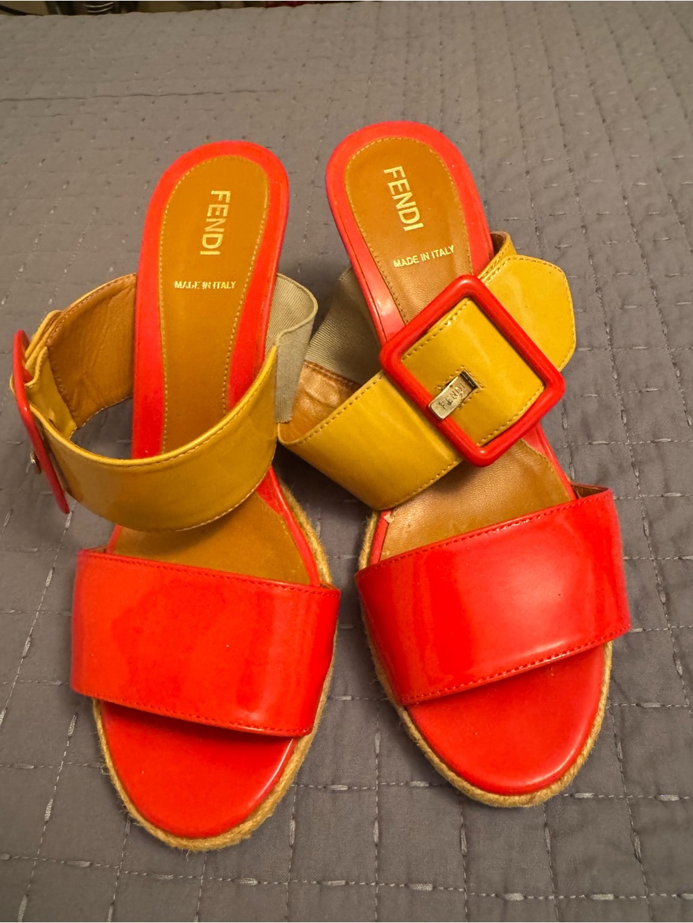 Fendi Red and Mustard Patent Wedge Slide Sandals - Women - Picture 2 of 7